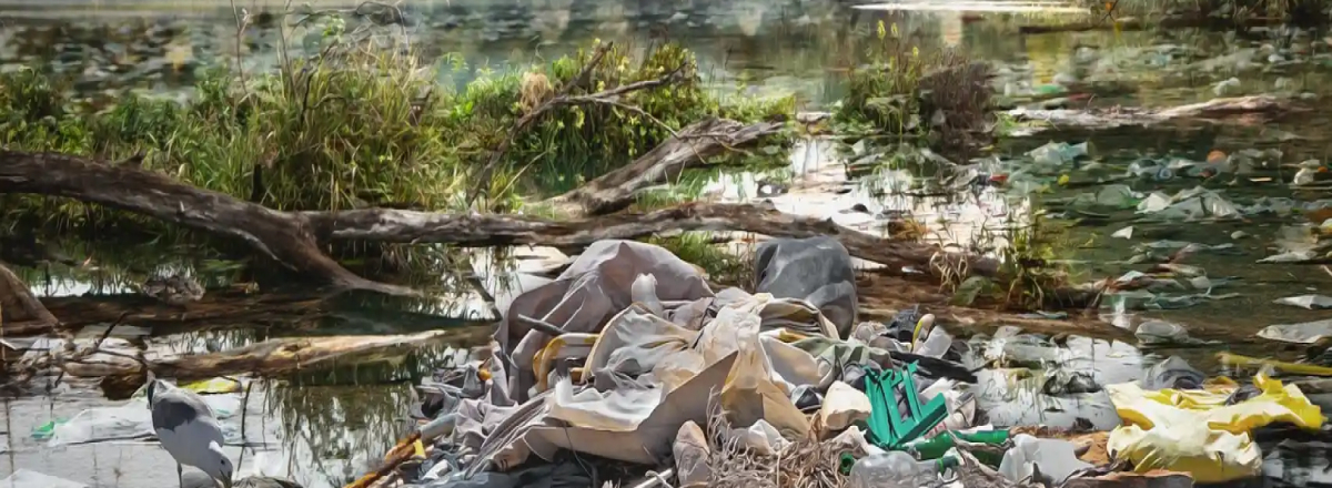 Destilación por membranas y adsorbentes de lignina frente a los PFAS Contaminación de un río con plásticos y residuos, ejemplo de impacto ambiental por contaminantes persistentes como los PFAS en aguas superficiales.