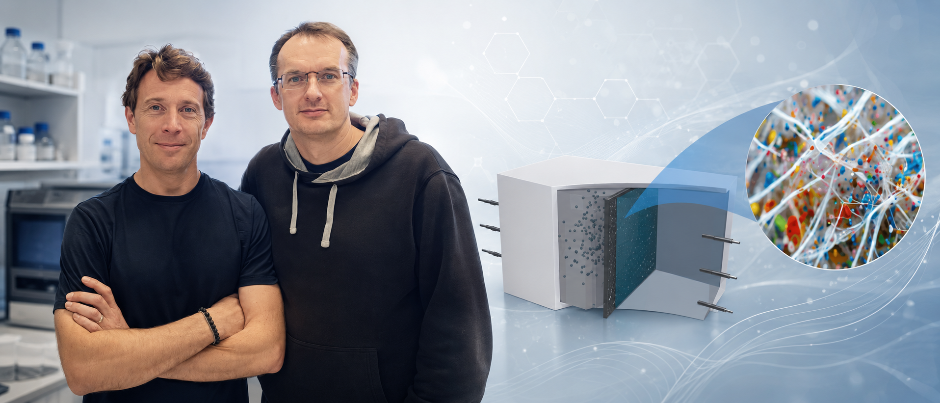 Investigadores del proyecto BMRex y esquema de membrana biocatalítica para la degradación de microplásticos en aguas residuales.