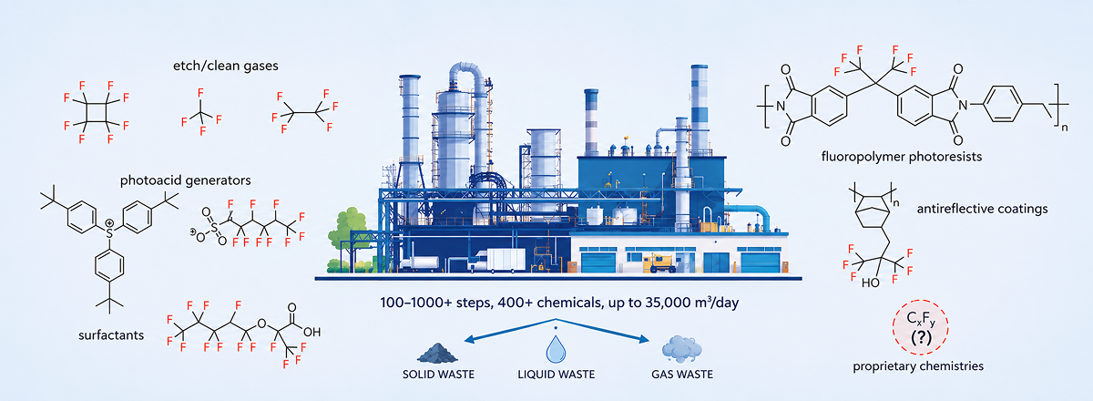 Infografía sobre residuos PFAS en la fabricación de semiconductores y su gestión en efluentes industriales.