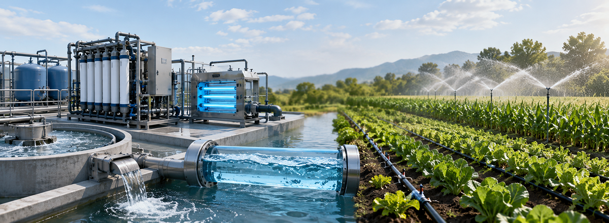 Planta de tratamiento terciario con ultrafiltración y desinfección UV que regenera agua para riego agrícola