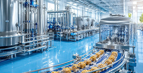 Línea de producción alimentaria con depósitos de acero inoxidable y cinta transportadora — tratamiento de agua para la industria alimentaria