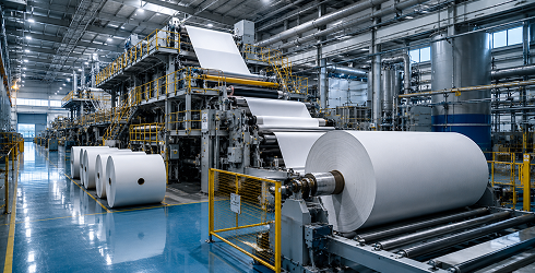 Máquina de fabricación de papel con bobinas y línea de laminación en planta papelera — tratamiento de efluentes y reutilización de agua para la industria del papel