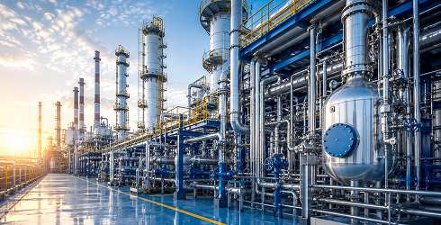 Planta química industrial con reactores de proceso, tuberías y válvulas de gran diámetro — tratamiento de agua y depuración de efluentes para la industria química