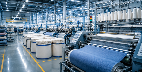 Planta textil industrial con telares automáticos, bobinas de hilo y tejido en proceso de tintado — tratamiento de efluentes y eliminación de colorantes para la industria textil