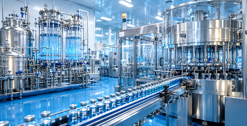 Línea de llenado de viales en sala blanca farmacéutica con reactores de acero inoxidable — agua purificada y ultrapura para la industria farmacéutica