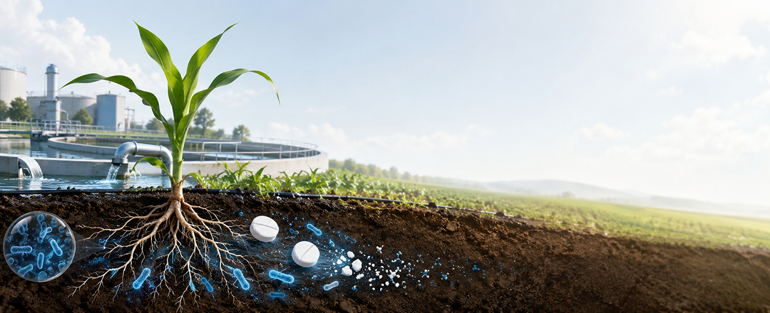 Bacterias degradando ibuprofeno en un suelo agrícola, con raíces de un cultivo y una depuradora de aguas al fondo