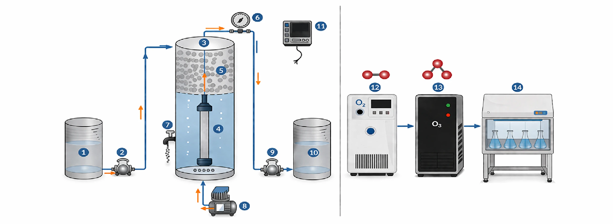 Esquema del reactor MBR híbrido con ozonización para depurar aguas residuales de papel tisú