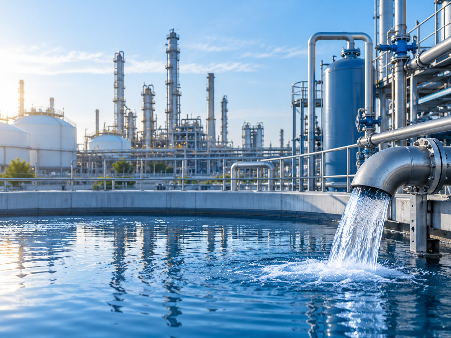 Vertido de agua tratada en canal industrial de una refinería petroquímica | Blue Gold