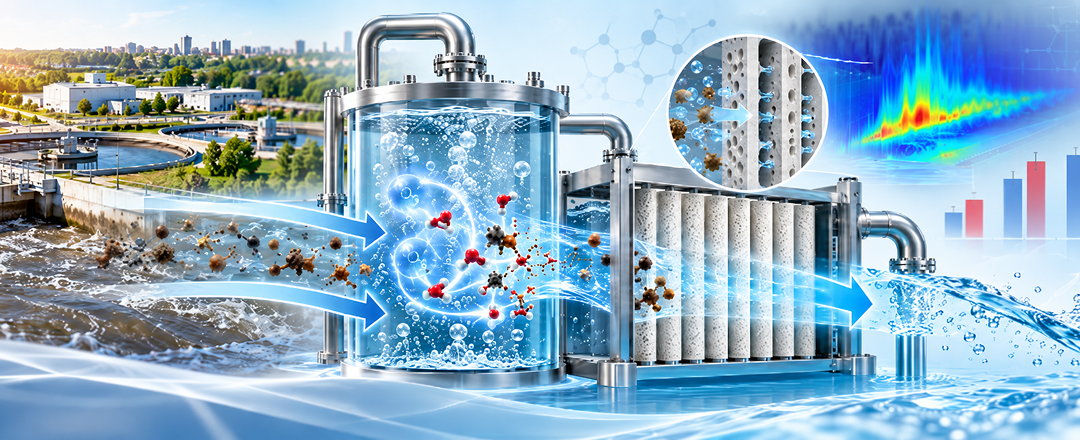 Ilustración de un proceso híbrido de ozonización catalítica y nanofiltración con membranas cerámicas para controlar el fouling en efluente de EDAR