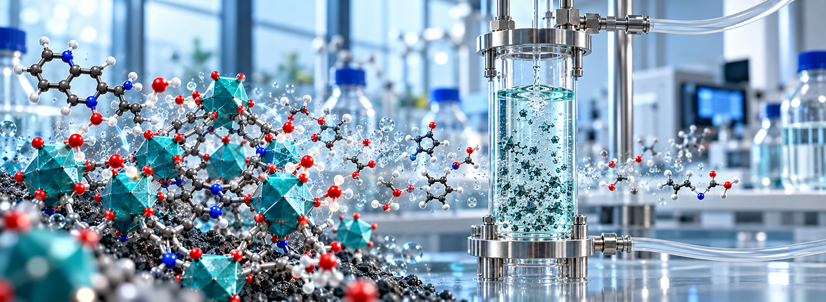 Ilustración de una estructura metalorgánica de hierro junto a un reactor de flujo continuo para oxidación avanzada de contaminantes en agua