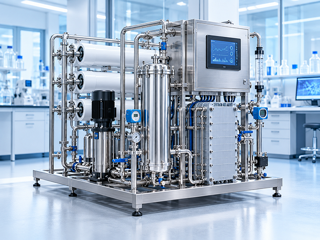 Skid de ósmosis inversa con tuberías de acero inoxidable y panel de control para agua purificada | Blue Gold